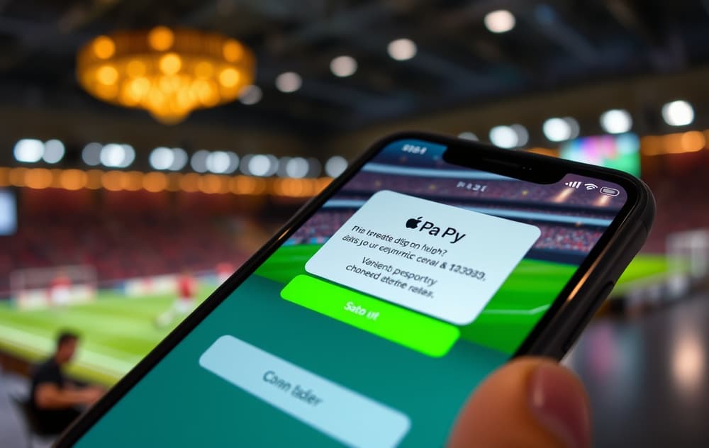 iPhone med Apple Pay-bekreftelse på en bettingside, fotballkamp i bakgrunnen