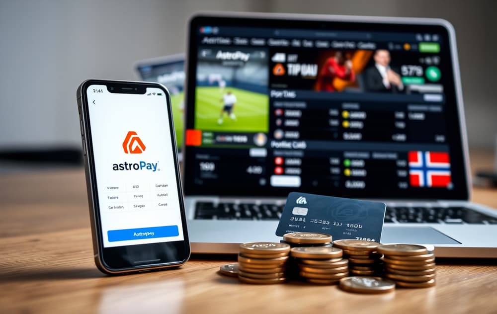 Smarttelefon med AstroPay-appen ved siden av en laptop med en bettingside, virtuelt debetkort og norske mynter i bakgrunnen.