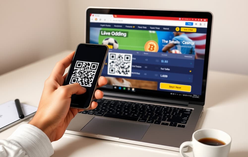 Person som skanner QR-kode for Bitcoin-innskudd på en bookmakerside med live odds.