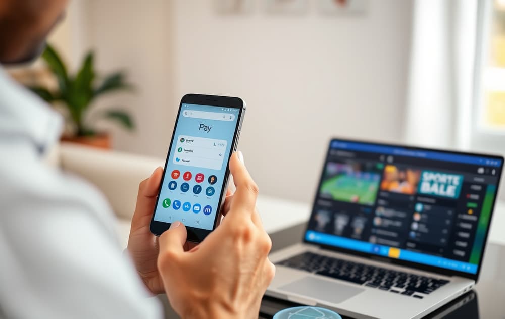 Person med Android-mobil som viser Google Pay, ved siden av en laptop med spillskjerm.