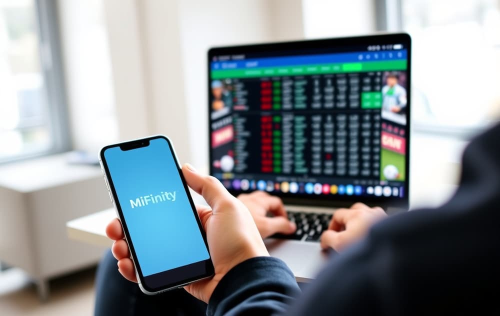 Person som bruker MiFinity på mobil for å sette inn penger på en bettingside.