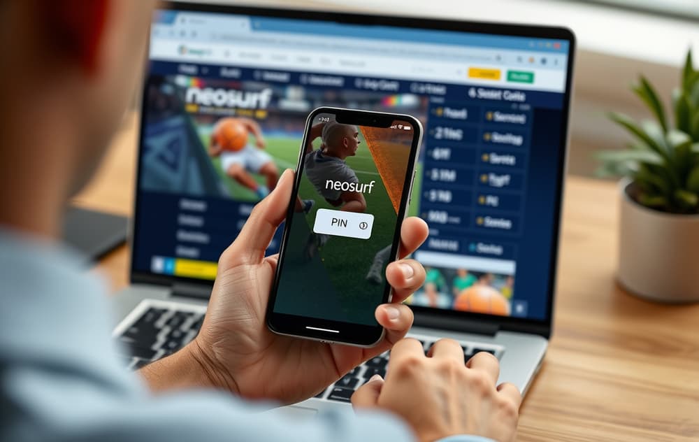 Person som bruker Neosurf-kupong for betting på nett, med laptop og mobil synlig.