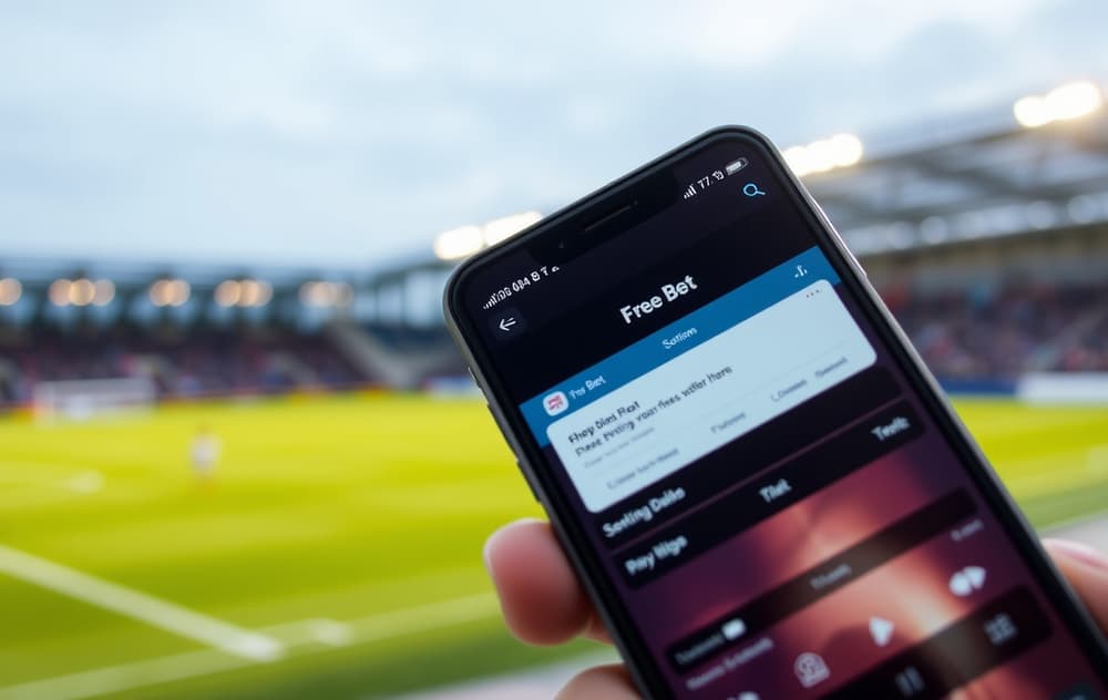 Smarttelefon med gratisspill-bonus i en betting-app foran en fotballbane