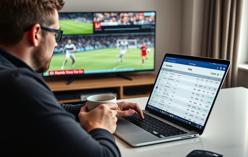 Norsk spiller som analyserer oddsbonusvilkår på PC med fotballkamp på TV