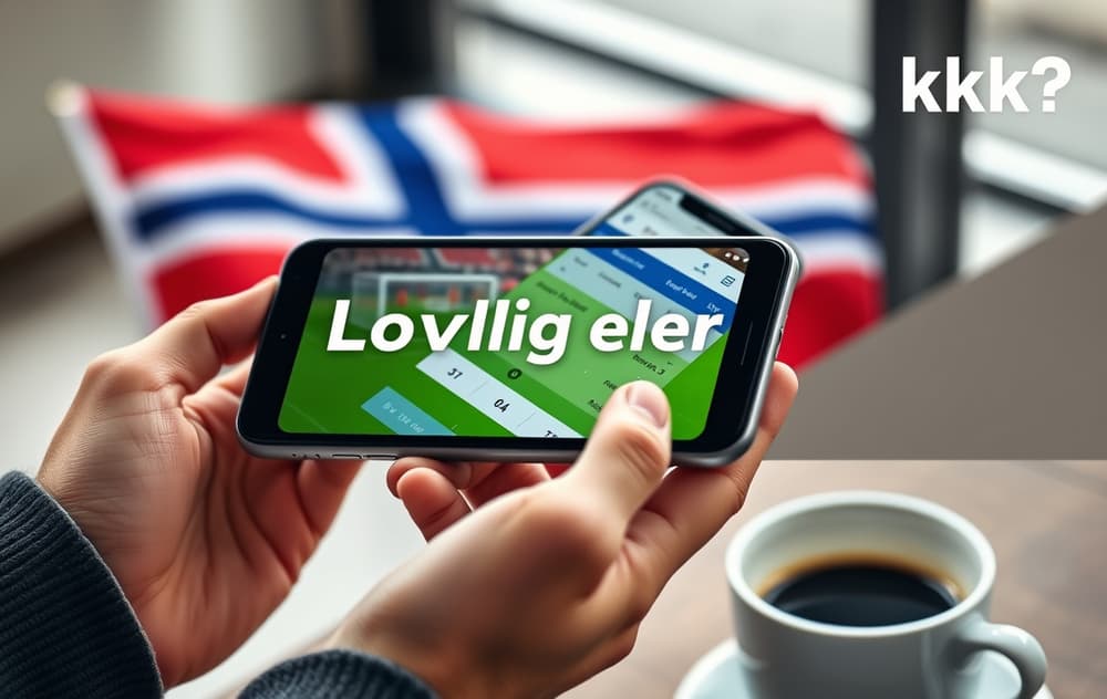 Smarttelefon med bettingapp som viser fotballodds, norsk flagg i bakgrunnen, og spørsmålet om lovlighet.