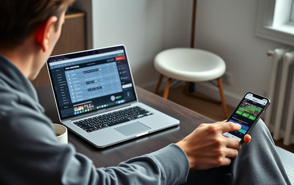 Person som sitter ved skrivebord og sammenligner odds på laptop og mobiltelefon.