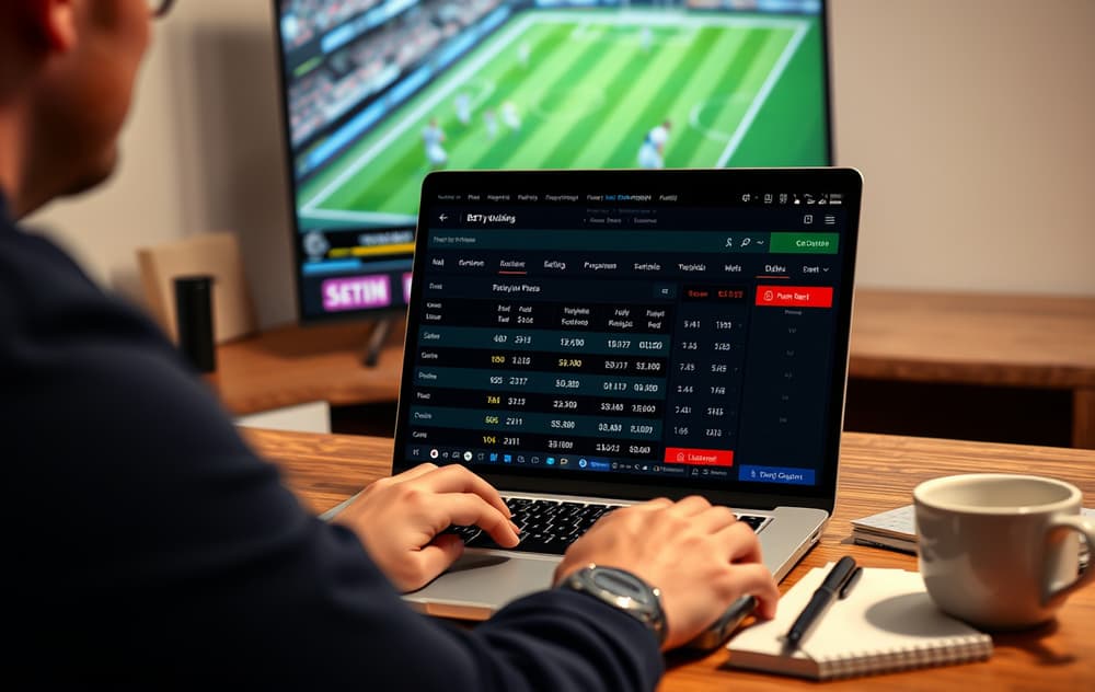 Person som sammenligner odds på flere bookmakere foran en TV med fotballkamp.