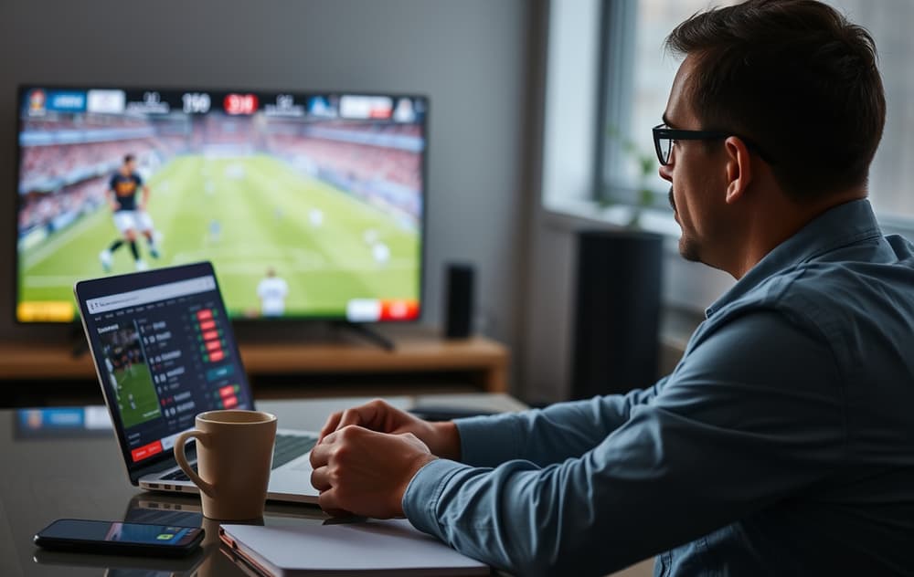 Person som analyserer live odds på laptop med fotballkamp på TV i bakgrunnen