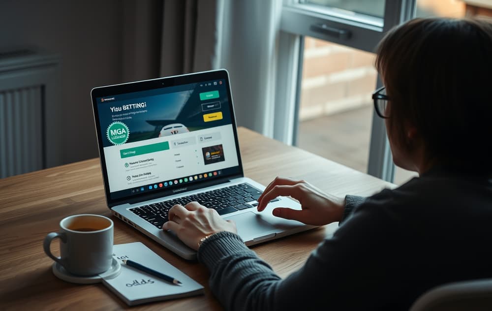 En person sammenligner to bettingsider på en bærbar PC, med en grønn lisensmerking og en rød advarsel synlig.