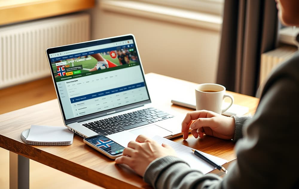 Person som sammenligner odds på bettingsider på laptop, med norsk flagg på mobilen