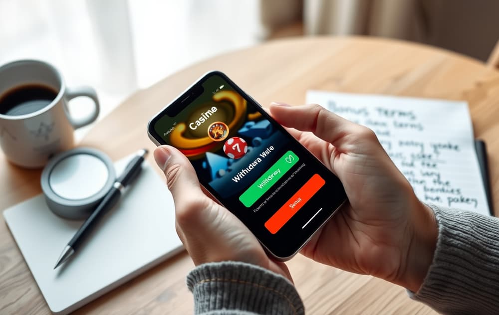 Smarttelefon med uttaksskjerm og notater om bonusvilkår