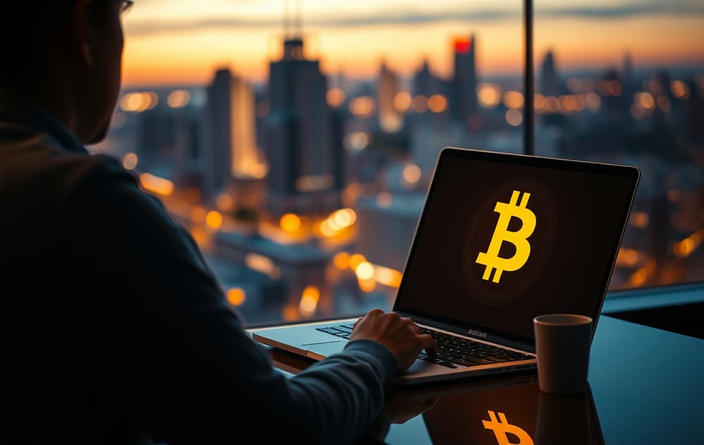 Person som spiller på kryptocasino med Bitcoin-symbol på skjermen