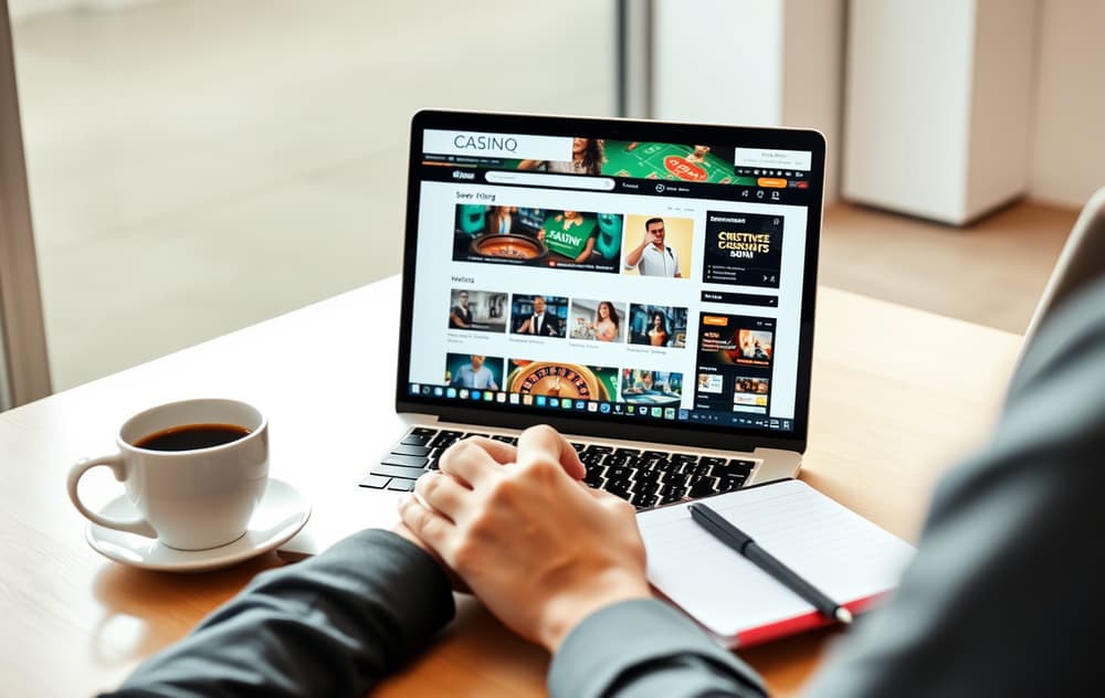 Person som sammenligner casinoer på laptop med notatblokk.