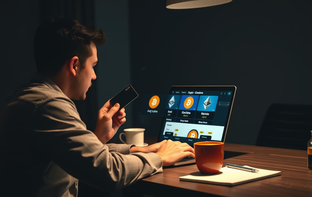 Person som sitter ved et skrivebord og ser på en bærbar PC med kryptocasino-side, Bitcoin- og Ethereum-logoer synlig