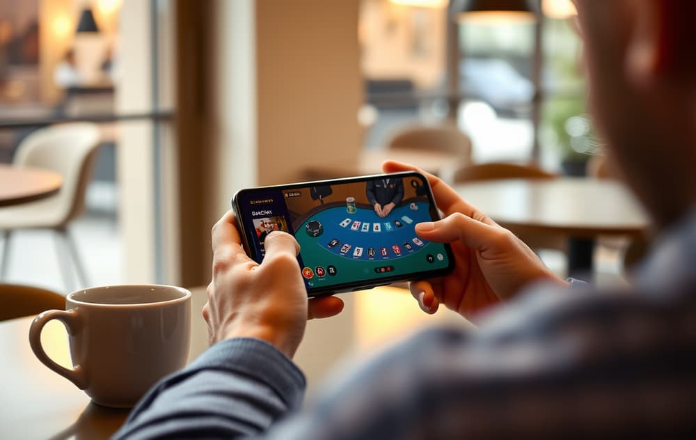 Spiller live blackjack på mobilcasino ved et kafébord