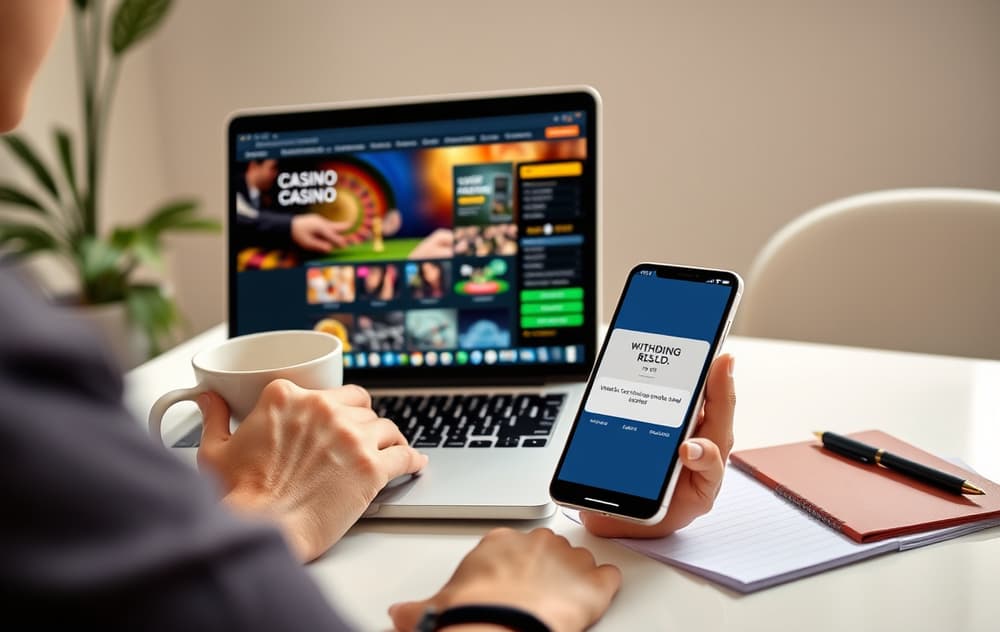 Person som sjekker casino på laptop med telefon ved siden av