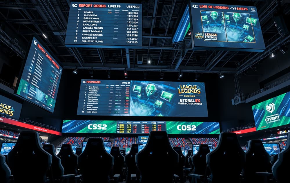 eSport-arena med odds på storskjerm og spillere i aksjon