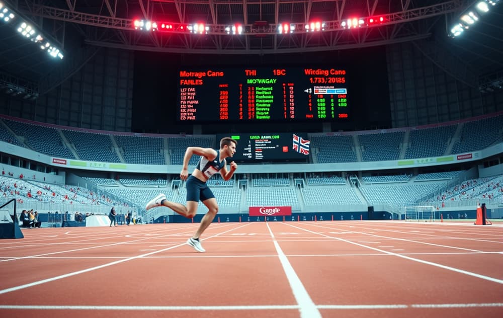To sprintere i et 100 meter heat med en digital oddstavle i bakgrunnen.
