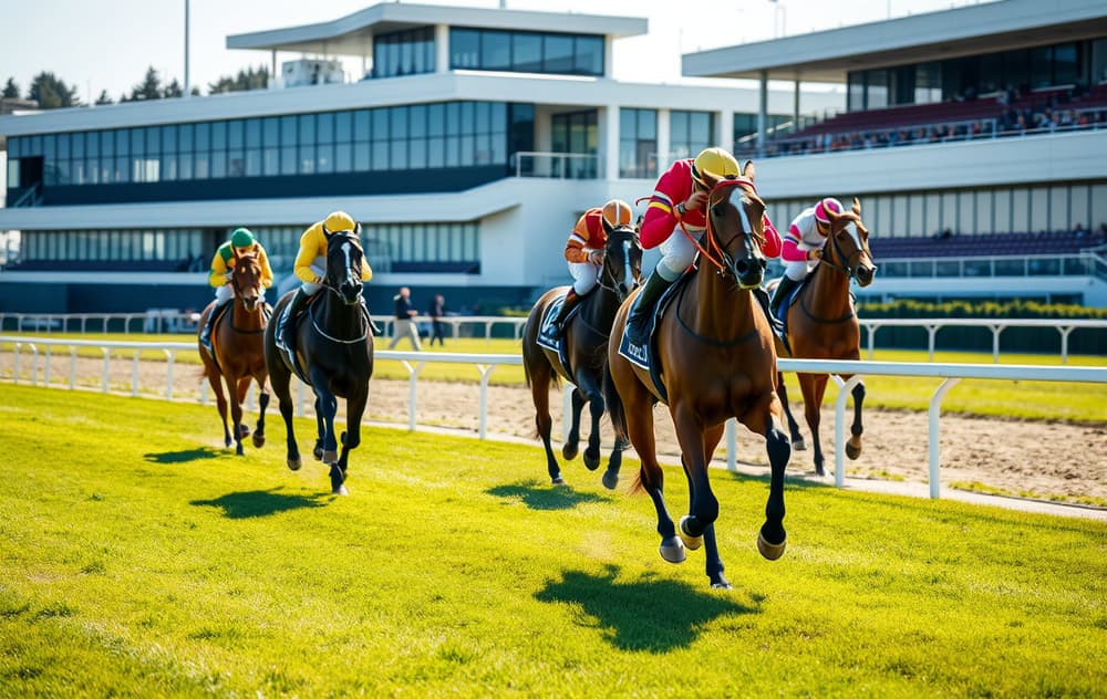 Hester i full galopp på en gressbane med tribuner i bakgrunnen – fotorealistisk sportsbilde